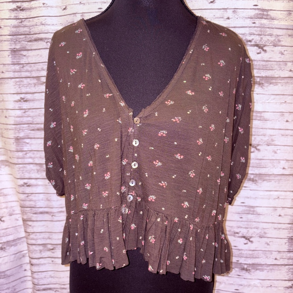 Lucky Brand Brown Floral Button-Up Blouse